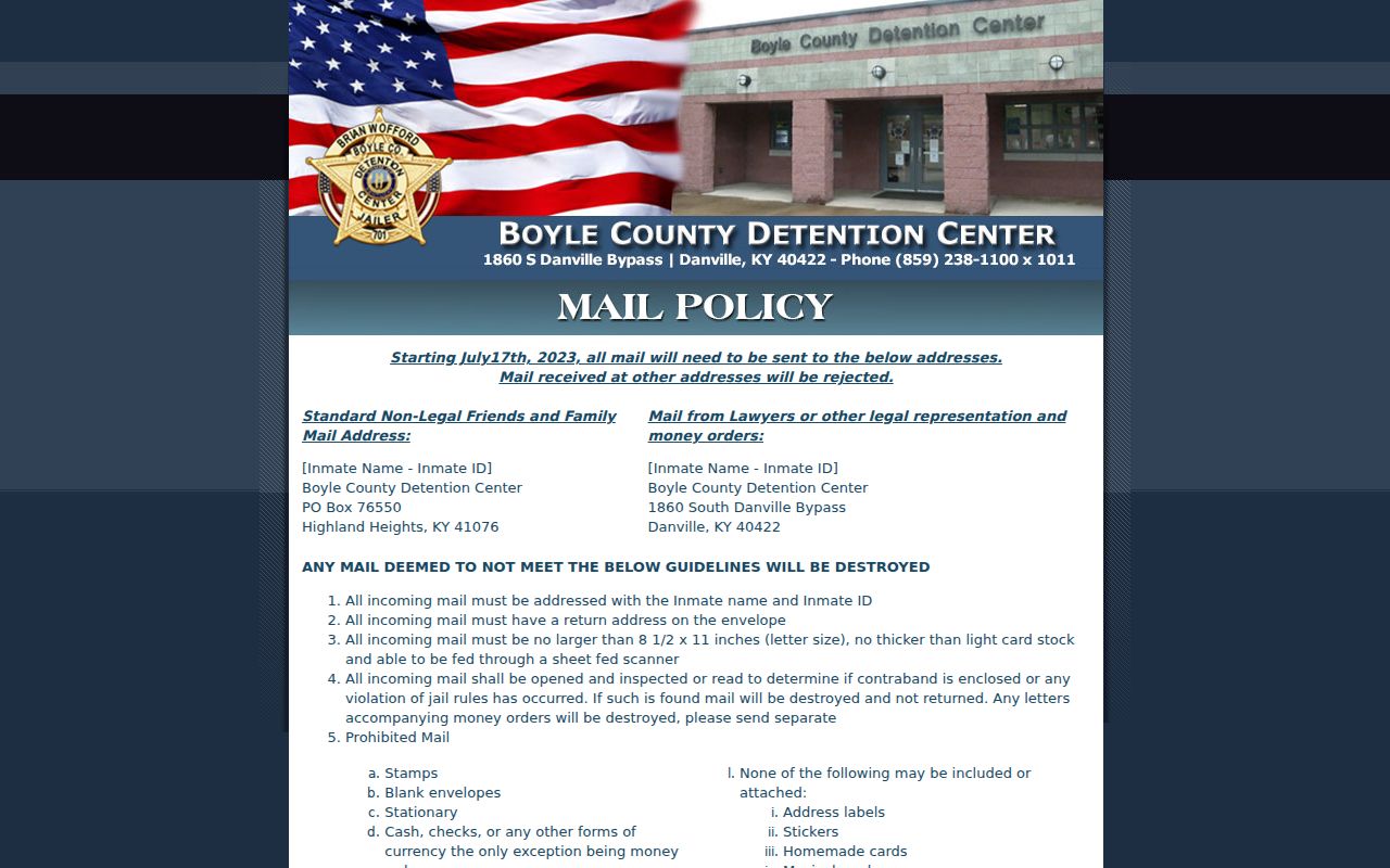Boyle County arrest custody mail policy